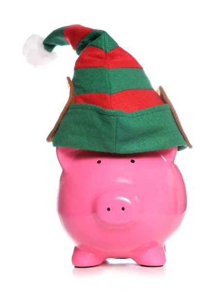 Piggy bank Kerstmis elf — Stockfoto