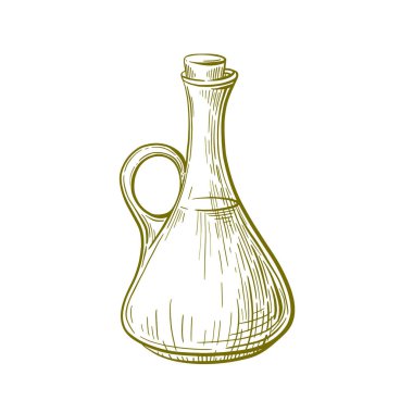 Cam şişe. Vektör çizimi. Organik yağ. Eski taslak tarzında oyma çizimi. Nesne beyaz arka planda izole edildi. Sağlıklı vejetaryen ürünü