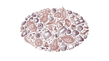 Çikolatalı trüf, kakao tozu, pralin, oval şekerleme. Grafik tatlı meyve, fasulye ve fındık. Şekerci, kafe için klasik illüstrasyon. Ev yapımı şeker.