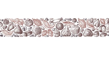 Çikolatalı trüf ve kakao dalı. Vektör çizgisi, dokusu pürüzsüz desen. Çikolata tozu, tatlı pralin, şeker şekeri. Beyaz arkaplanda elle çizilmiş illüstrasyon