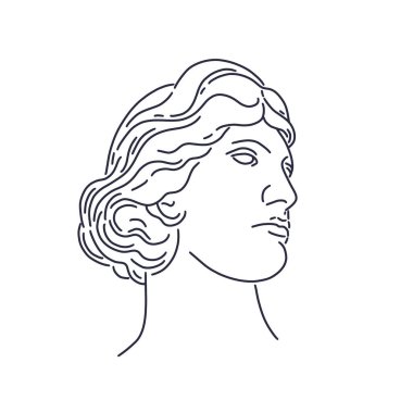 Yunan portresinin antika yüzü. Siyah arkaplan üzerine soyut çizgi çizimi. Kadın sanat silueti. Baskı için grafiksel sembol. Güçlü iradeli çene ve kendine güven.