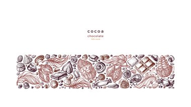 Kakao, çikolata şeridi, eskiz geçmişi. Kek, fındık, fasulye ve trüf mantarının vektör çizimi. Şekerci, kafe için klasik grafik çizimi