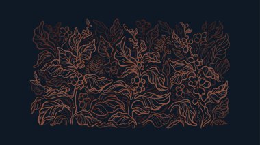 Kahve ormanı. Vektör grafik desen. Soyut dal, altın yapraklar, fasulye. El çizimi arka plan, siyah arka planda tropikal bitki örtüsü. Organik aroma içeceği.