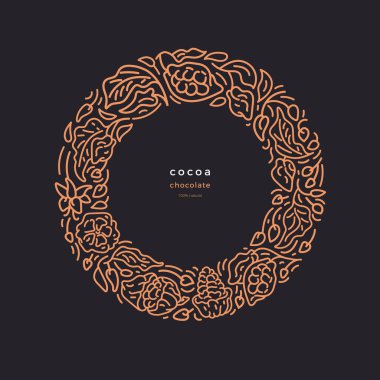 Kakao sınırı. Sanat çizgisi soyut çemberi. Siyah çikolata. Vektör dokusu dalı, altın yapraklar, çiçek. Koyu arkaplanda grafiksel çizimler. Arap deseni