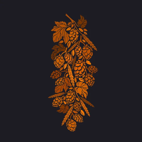 ホップ 黄金の種子 大麦と小麦のスパイカ 麦芽のベクトルグラフィックブランチ パブ用のテクスチャプリント 美術工芸の背景 有機生黒ビール — ストックベクタ