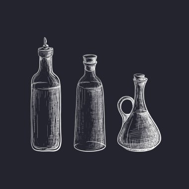 Cam şişe. Vektör el çizildi. Fişe takılı sıvı gerekli. Organik yağ. Eski usul oymacılık illüstrasyonu