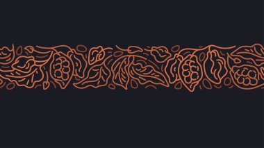 Siyah arka planda soyut, pürüzsüz bir şekil var. Organik çikolata dekoru için sanat eseri altın kenarı. Dal, yaprak, fasulye. Grafik etnik Arapça motifi