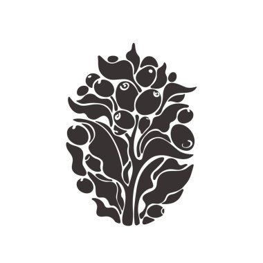 Kahve, çiğ fasulye. Vektör damgası. Kafe için grafiksel doğa tasarımı. Beyaz arka planda izole edilmiş tropik siyah illüstrasyon. Organik aroma içeceği.