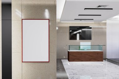 Ofis binasının koridoru yakınındaki panelde çerçeveli ve mermer zeminde resepsiyon tezgahı olan 3D tasvirler, dikey tabela veya poster