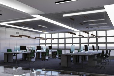 Modern ofiste 3B çizim çalışma alanı, iç konforlu konsept, masaüstü bilgisayarı ile dekore edilmiş, cam odada sandalye, tavandan sarkan floresan,