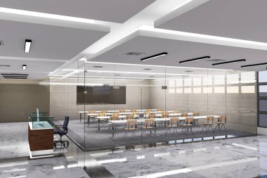 Modern sınıfta ya da konferans salonunda 3D çizim, yatay maket tahtası. Öğrenme ve seminer için cam odada masa, sandalye ve boş tahtayla dekorasyon.