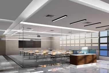 Modern sınıfta ya da konferans salonunda 3D çizim, yatay maket tahtası. Öğrenme ve seminer için cam odada masa, sandalye ve boş tahtayla dekorasyon.