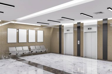 3 boyutlu illüstrasyon, asansörlerin önündeki koltuğun üstündeki duvara yerleştirilmiş 4 model tabela, modern bina veya oteldeki bekleme alanındaki mermer zemin üzerindeki sıra sandalyeler, panoramik 3D görüntüleme.