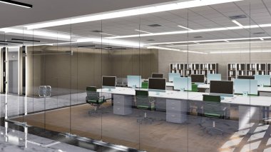 Modern ofiste 3B çizim çalışma alanı, iç konforlu konsept, masaüstü bilgisayarı ile dekore edilmiş, cam odada sandalye, tavandan sarkan floresan,