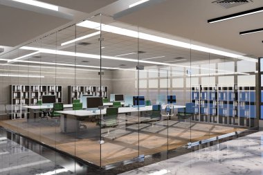Modern ofiste 3B çizim çalışma alanı, iç konforlu konsept, masaüstü bilgisayarı ile dekore edilmiş, cam odada sandalye, tavandan sarkan floresan,