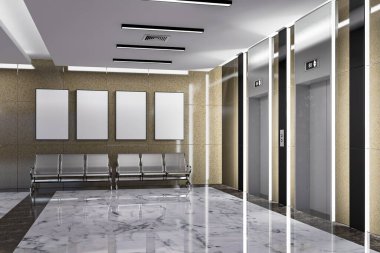 3 boyutlu illüstrasyon, asansörlerin önündeki koltuğun üstündeki duvara yerleştirilmiş 4 model tabela, modern bina veya oteldeki bekleme alanındaki mermer zemin üzerindeki sıra sandalyeler, panoramik 3D görüntüleme.