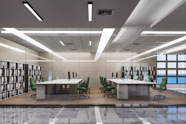 Modern ofiste 3B çizim çalışma alanı, iç konforlu konsept, masaüstü bilgisayarı ile dekore edilmiş, cam odada sandalye, tavandan sarkan floresan,