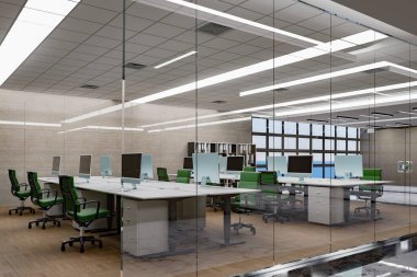 Modern ofiste 3B çizim çalışma alanı, iç konforlu konsept, masaüstü bilgisayarı ile dekore edilmiş, cam odada sandalye, tavandan sarkan floresan,