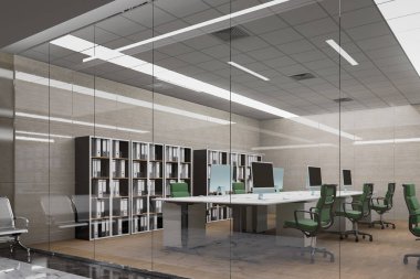 Modern ofiste 3B çizim çalışma alanı, iç konforlu konsept, masaüstü bilgisayarı ile dekore edilmiş, cam odada sandalye, tavandan sarkan floresan,