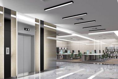 Modern ofiste 3D illüstrasyon asansörleri ve çalışma alanı, iç konforlu konsept, masaüstü bilgisayarı ile dekore edilmiş cam odada halı zemininde sandalye, tavandan sarkan floresan,