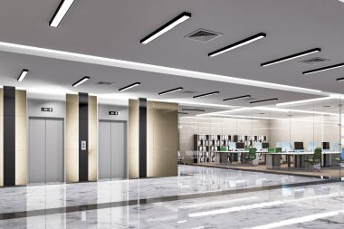 Modern ofiste 3D illüstrasyon asansörleri ve çalışma alanı, iç konforlu konsept, masaüstü bilgisayarı ile dekore edilmiş cam odada halı zemininde sandalye, tavandan sarkan floresan,