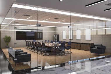 Modern toplantı odasındaki duvarda 3 boyutlu illüstrasyon, yatay maket tahtası ve tabela panoramik, mermer zeminde cam paneli olan işyeri,