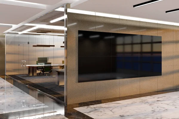 オフィスビルのワークスペースへのガラスの入り口付近の壁に3Dモックアップ水平ブラックボード 大理石の床と内部 廊下で広告や発表のための空のスペース レンダリング — ストック写真