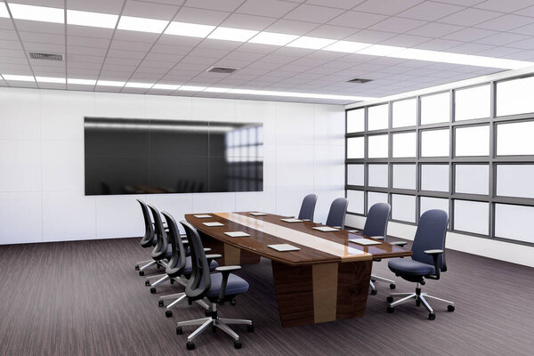 3D illustration, mockup horizontal blackboard on the wall in meeting room, interior design in glass room, light from windows and fluorescent on ceiling, rendering