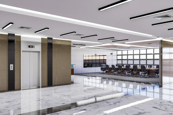 3Dイラストモダンな会議室や会議室のインテリアがパノラマでエレベーターの近くにあり 大理石の床にガラスパネル付きの職場 レンダリング — ストック写真