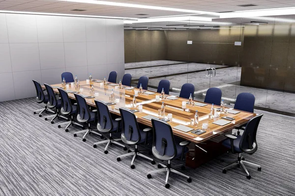 3D illustration Modern conference room preparing for meeting panoramic, Workplace with glass panel on carpet floor, rendering