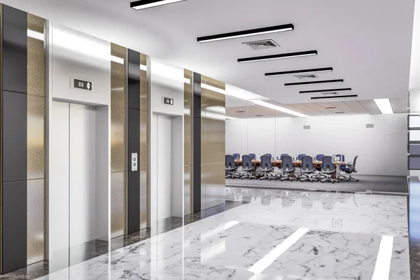 컨벤션 엘리베이터 근처의 회의실 파노라마 대리석 바닥에 플레이스 렌더링 — 스톡 사진