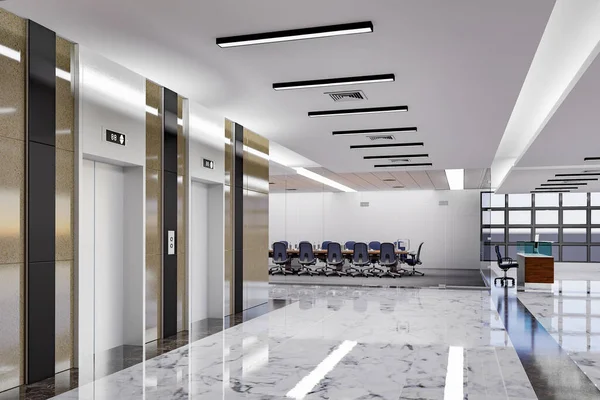 带有全景的电梯附近的现代会议室内部 大理石地板上装有玻璃板的工作场所 — 图库照片