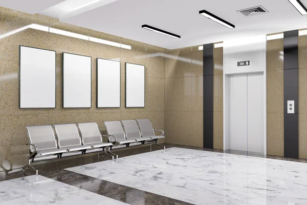 3Dイラスト モックアップ4つの看板は エレベーターの前の座席の上の壁に配置 モダンな建物のオフィスやホテルで待っているエリアに大理石の床に椅子の行 パノラマ3Dレンダリング — ストック写真