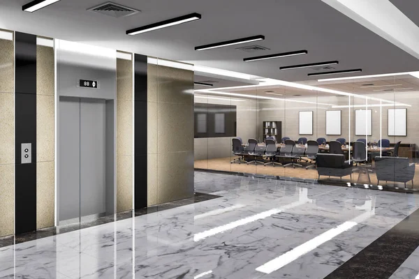 3Dイラスト パノラマとモダンな会議室の壁に横方向の黒板や看板をモックアップ エレベーターの近くのガラスパネルを持つ職場 レンダリング — ストック写真