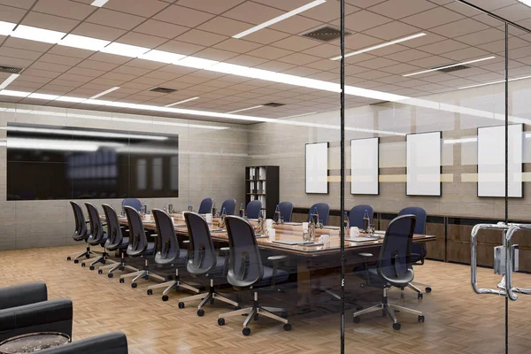 三维插图 用全景模拟现代会议室的水平黑板和墙上的标牌 用大理石地板装饰玻璃的工作场所 — 图库照片