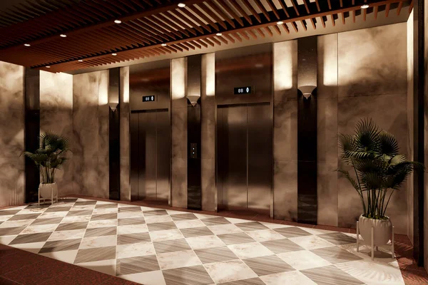 Rendering Perspective Metal Elevator Interior Brown Marble Wall White Alternating — Stock Photo, Image