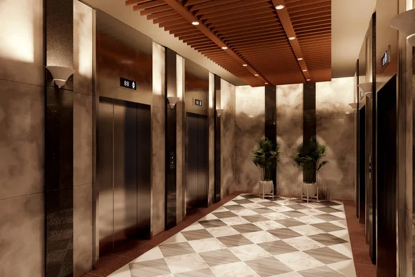 3D rendering, perspective metal elevator, interior brown marble on the wall, white alternating pattern and plant in pot on corridor of luxury hotel hall. lights in ceiling. 3D illustration design
