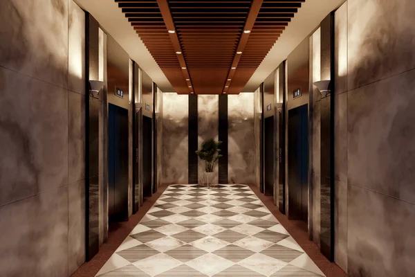 3Dレンダリング ブラウン金属製のエレベーター 壁にインテリアブラウン大理石 白の交互にパターンと豪華なホテルの廊下の鍋に植物 天井のパノラマ 3Dイラストデザインのライト — ストック写真