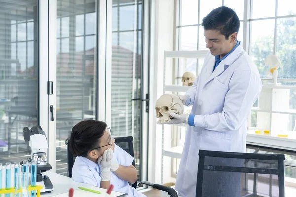 Young teacher holding a skull model teaching to student about science anatomical in laboratory, copy space