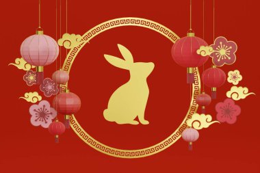 3D görüntüleme, Çin yeni yıl kartı, dairede altın tavşanlı yaratıcı tasarım ve asılı kağıt fenerle süslenmiş güzel bir çiçek, kopya alanı, 3 boyutlu illüstrasyon