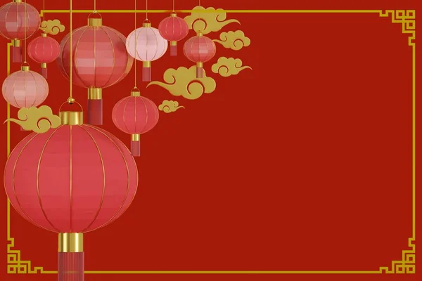Rendering Chińska Karta Noworoczna Kreatywny Wiszące Lampion Złota Chmura Czerwonym — Zdjęcie stockowe