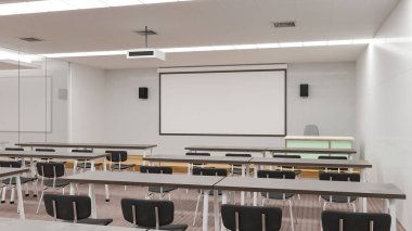 3 boyutlu illüstrasyon, modern sınıf ya da konferans iç mekanı. Masa süslemesi, cam odada sandalye öğrenme ya da seminer, hazırlama.