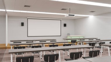 3 boyutlu illüstrasyon, modern sınıf ya da konferans iç mekanı. Masa süslemesi, cam odada sandalye öğrenme ya da seminer, hazırlama.