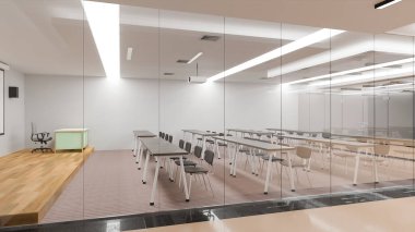 3 boyutlu illüstrasyon, modern sınıf ya da konferans iç mekanı. Masa süslemesi, cam odada sandalye öğrenme ya da seminer, hazırlama.