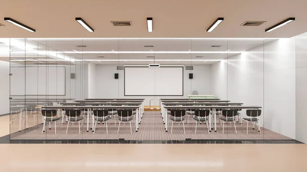 3D插图 现代教室或会议室内部 玻璃房间中的书桌 椅子装饰 用于学习或研讨会 — 图库照片