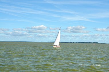 Körfez dalgalar üzerinde beyaz yelkenli tekne yüzen