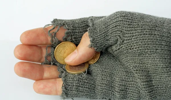 Alms 깨진된 장갑으로 가난한 사람에 의해 꽉 개최 — 스톡 사진