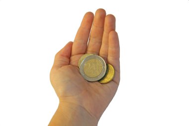 hand of a young girl who is holding two euro clipart