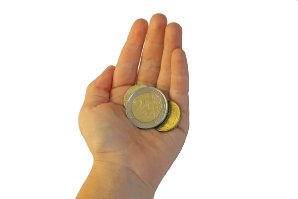 Χέρι ενός νεαρού κοριτσιού που κρατά δύο ευρώ — Φωτογραφία Αρχείου