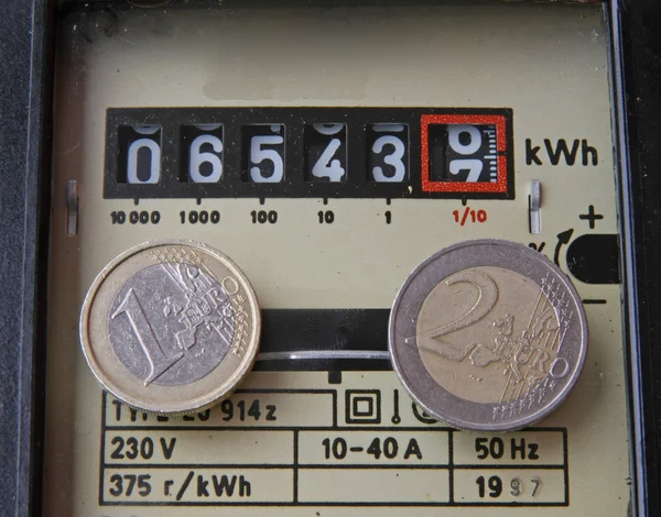Electricity meter with two coins of one and two euros — Stock Photo, Image